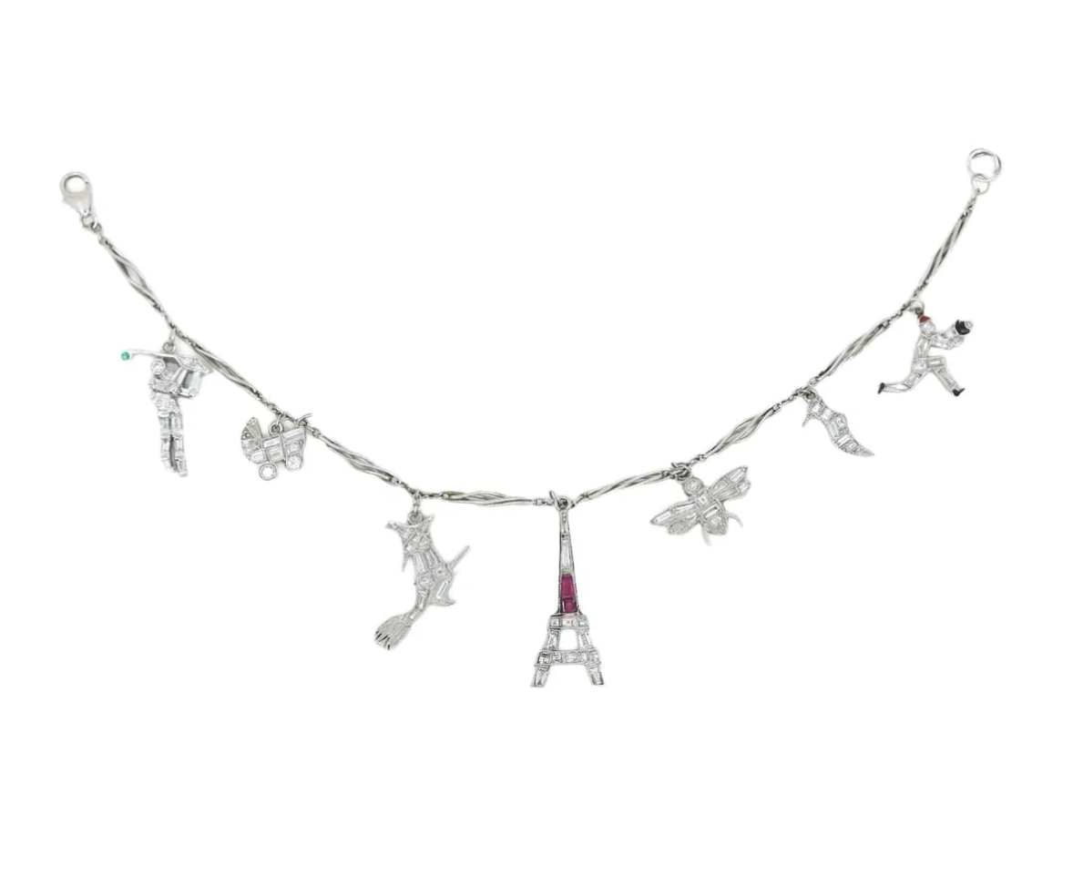 Art Deco Platinum Ruby Diamond Charm Bracelet (ON HOLD)