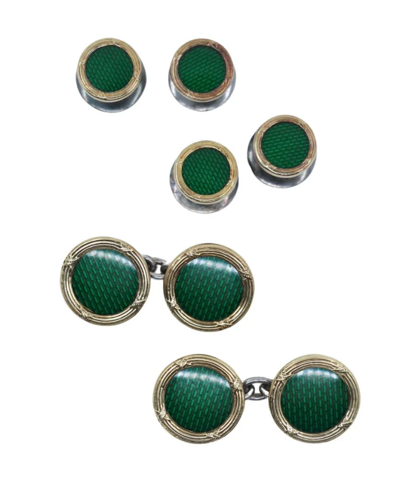 A Set Of 3 Pairs England D&F Silver Green Enamel Cufflinks