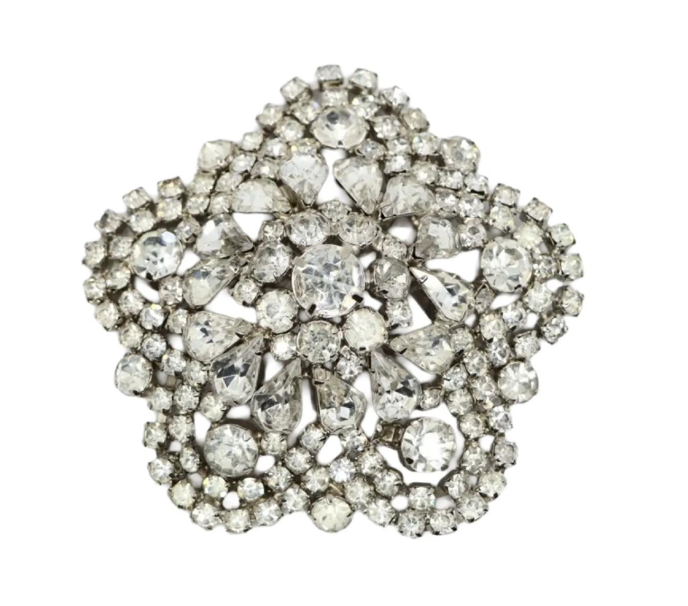 Vintage Silver Tone Rhinestone Flower Brooch Pin