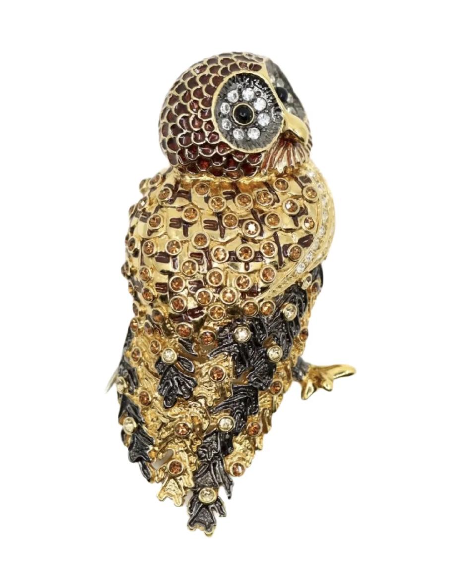 Vintage Signed Nolan Miller Gold Tone Rhinestone Owl Brooch Pin