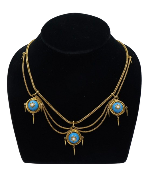 Victorian 18K Gold Turquoise Pearl Necklace