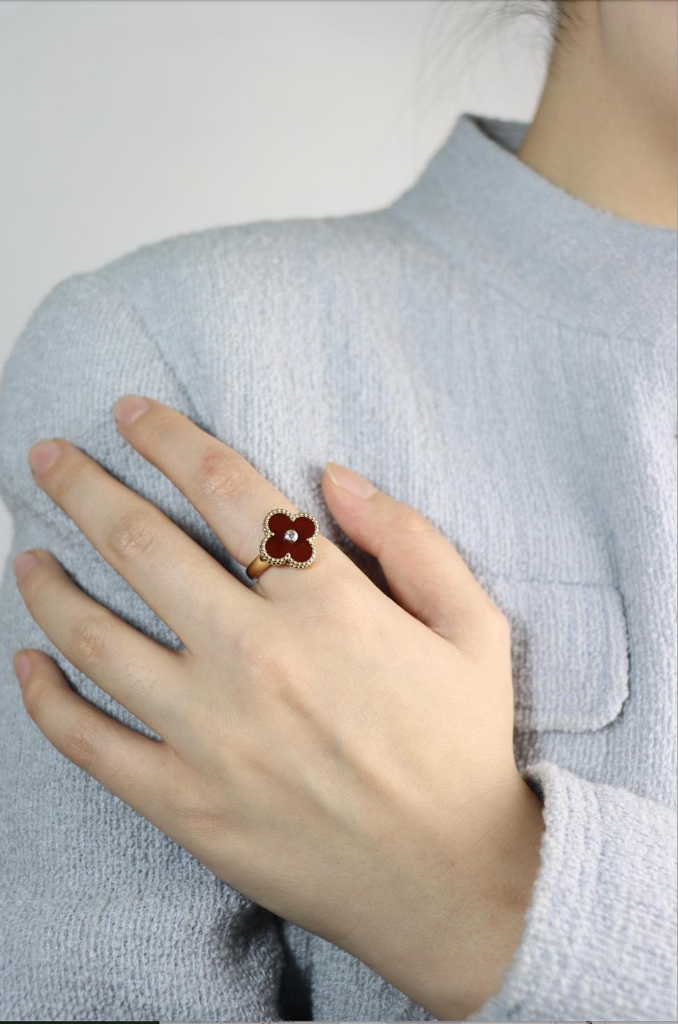 Van Cleef & Arpels 18K Gold Carnelian Diamond Alhambra Ring