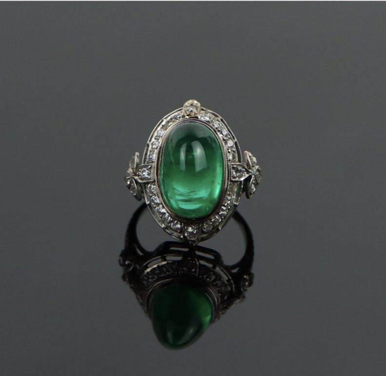 Mid-Century GIA Certified Emerald Cabochon Platinum Ring