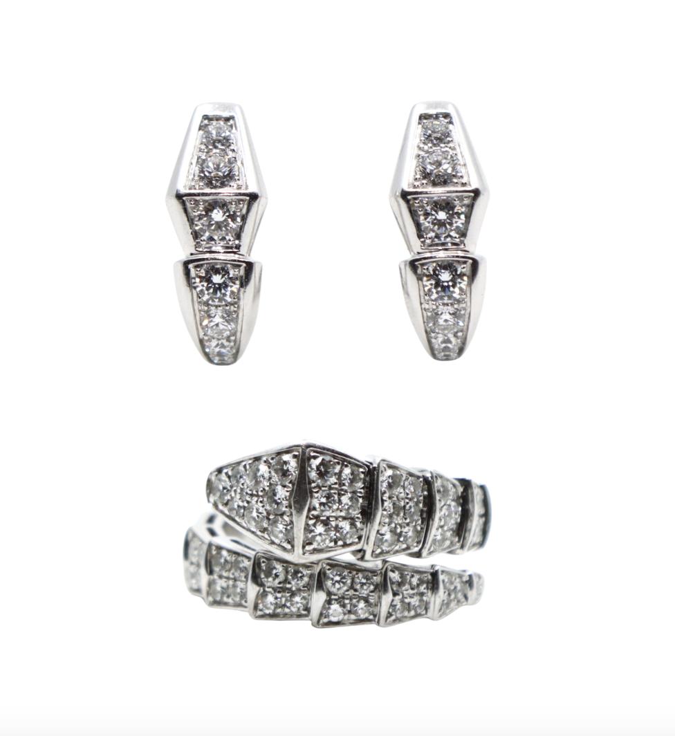 BVLGARI 18K White Gold Serpenti Viper Ring & Earrings Set