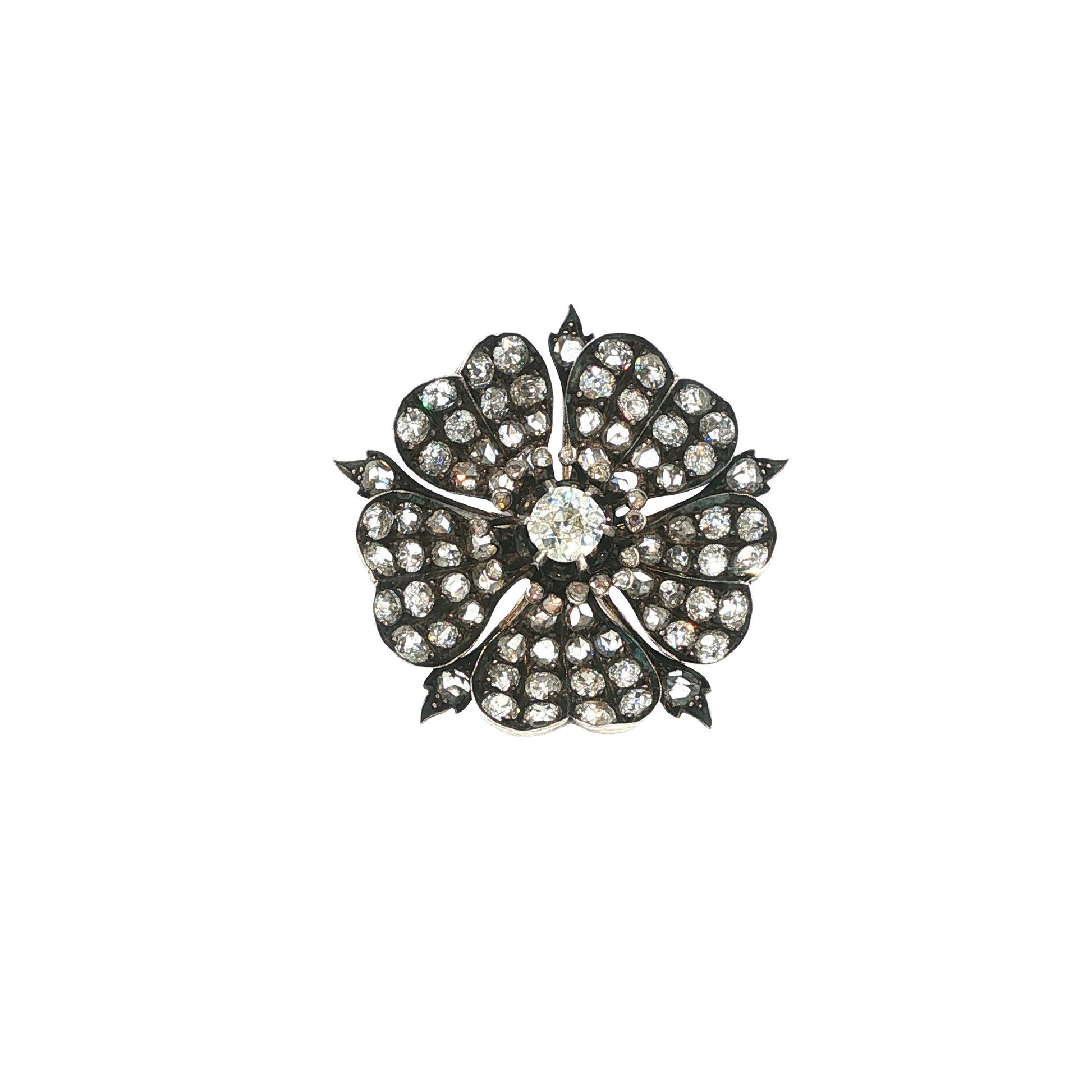 Victorian Gold & Silver 7.75 Carat Antique Diamond Floral Brooch with Fitted Box