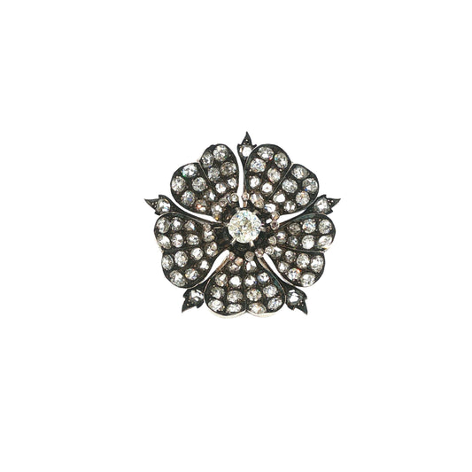 Victorian Gold & Silver 7.75 Carat Antique Diamond Floral Brooch with Fitted Box