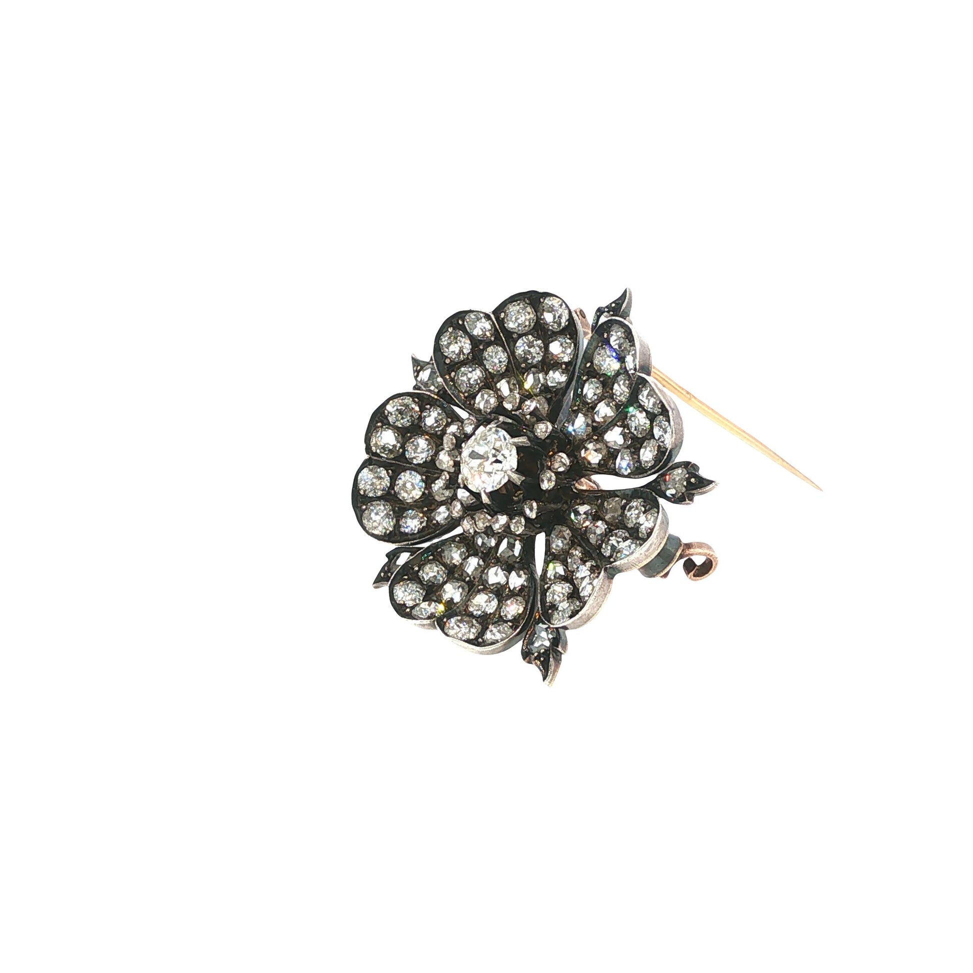 Victorian Gold & Silver 7.75 Carat Antique Diamond Floral Brooch with Fitted Box