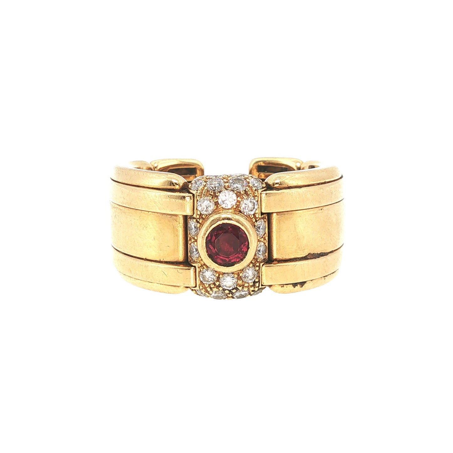 Vintage Rolex-Style 18K Gold Diamond & Ruby Link Ring
