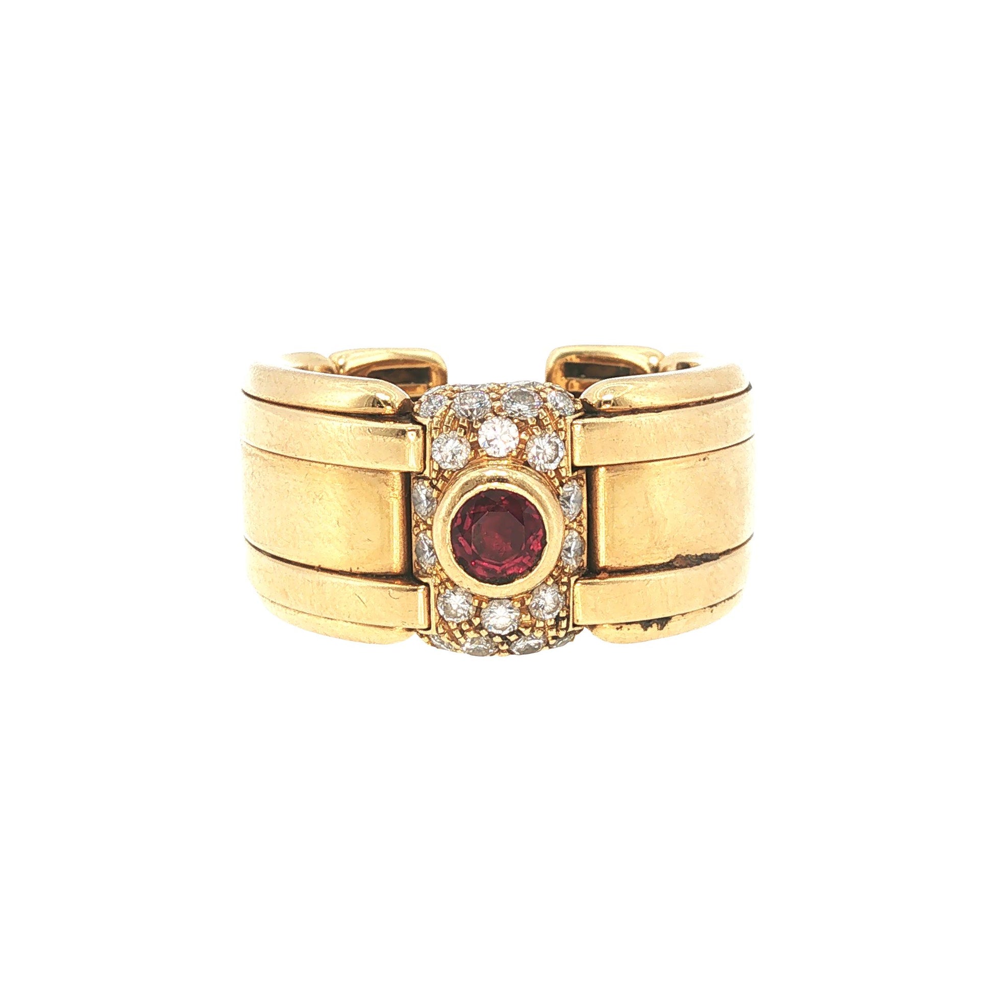 Vintage Rolex-Style 18K Gold Diamond & Ruby Link Ring