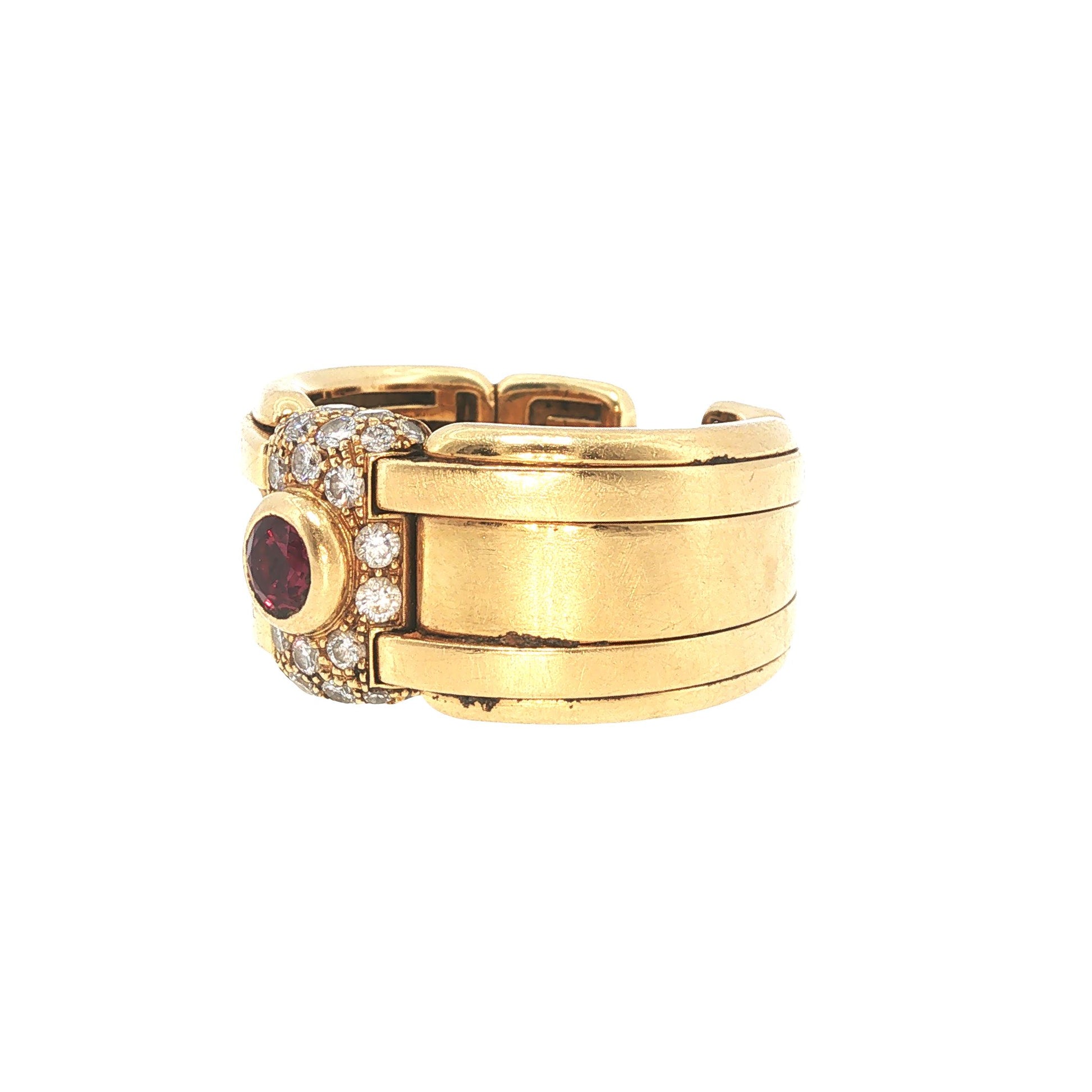 Vintage Rolex-Style 18K Gold Diamond & Ruby Link Ring