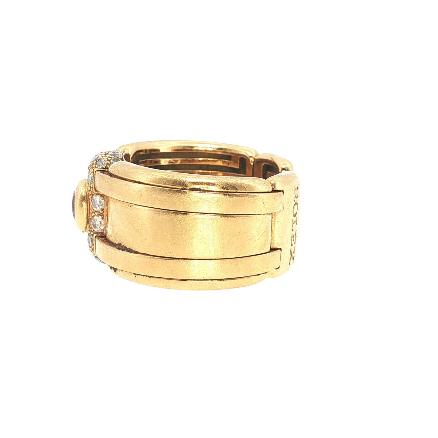 Vintage Rolex-Style 18K Gold Diamond & Ruby Link Ring