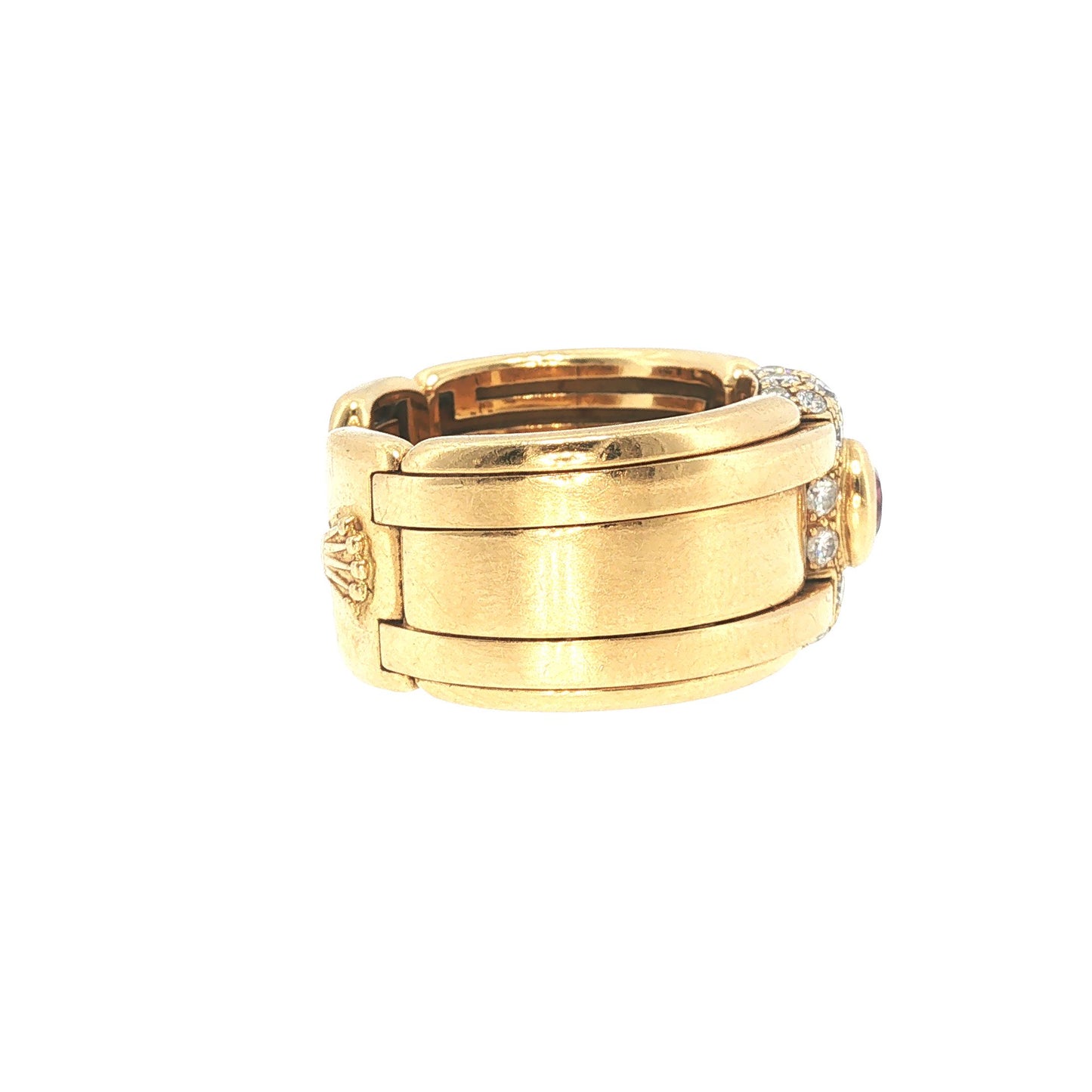 Vintage Rolex-Style 18K Gold Diamond & Ruby Link Ring