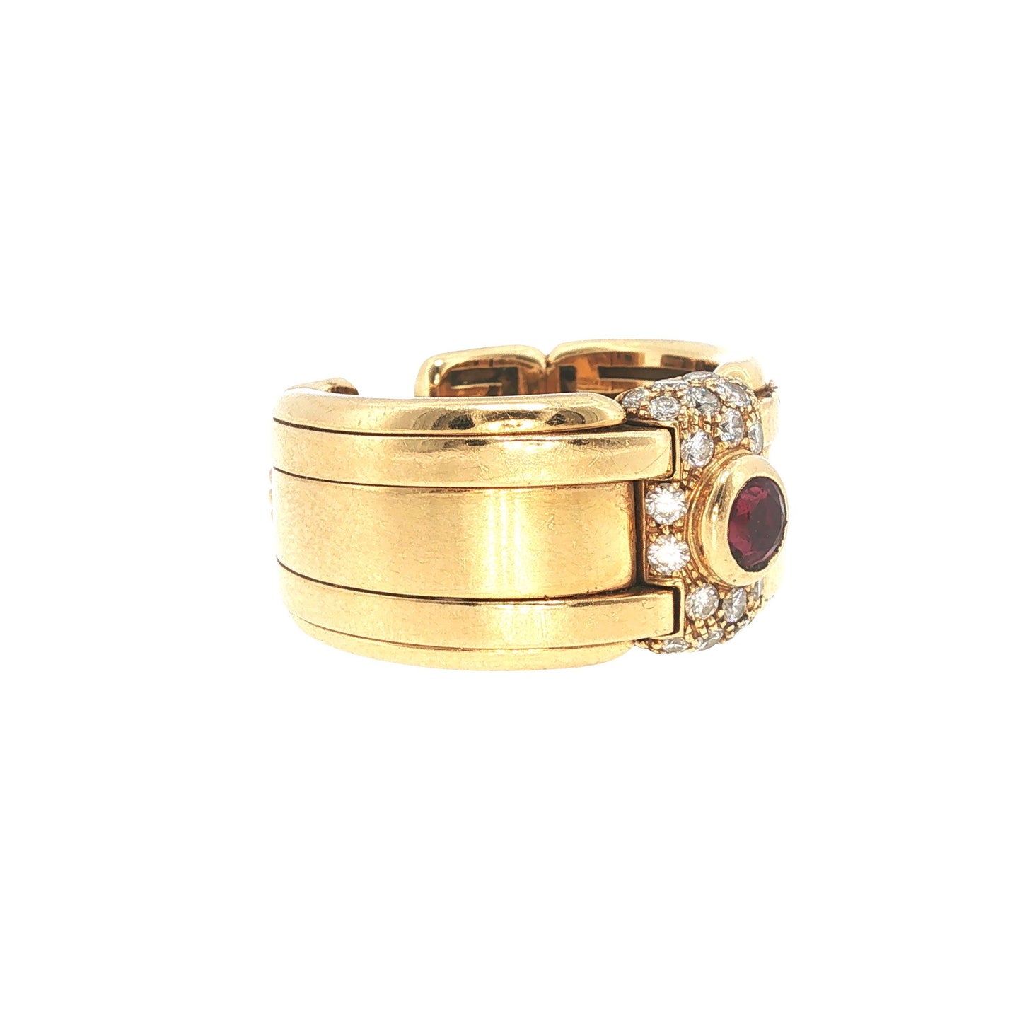Vintage Rolex-Style 18K Gold Diamond & Ruby Link Ring