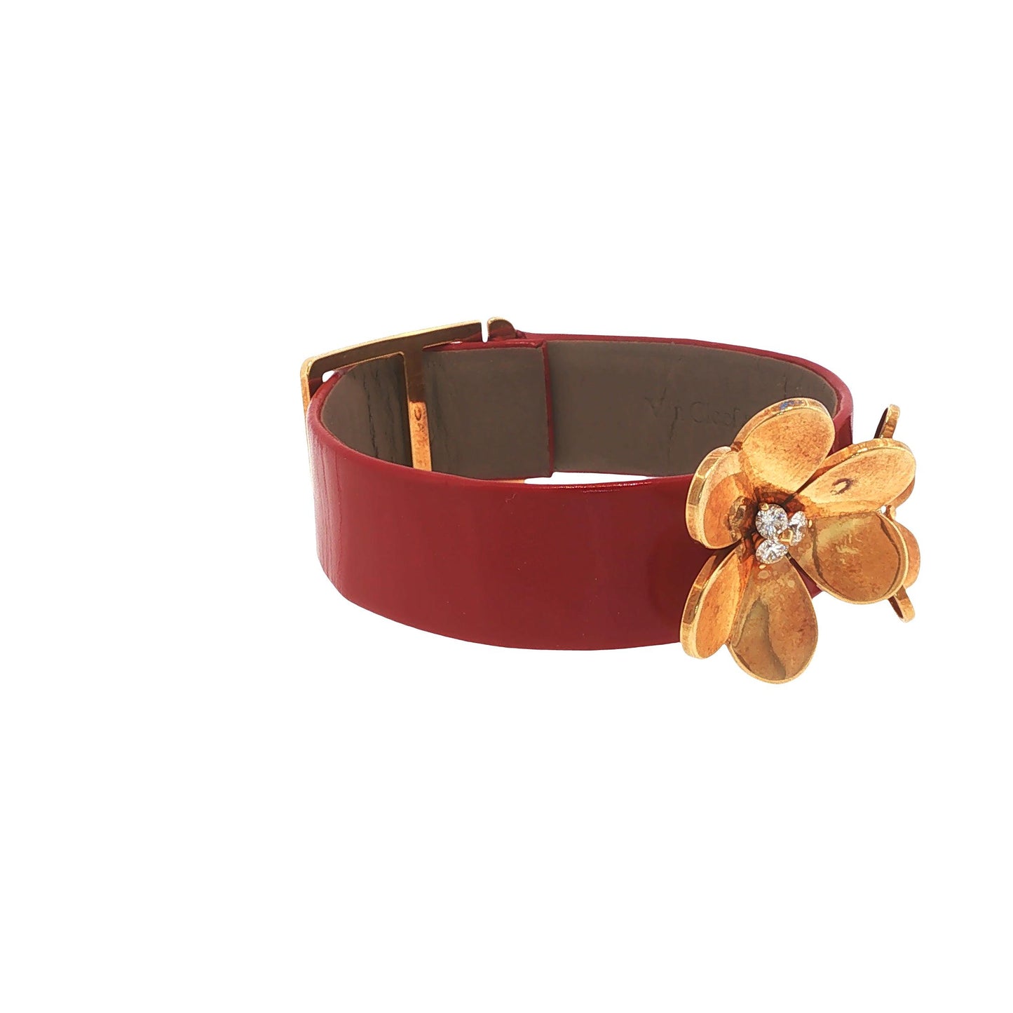 Rare Vintage Van Cleef & Arpels Frivole 18K Gold Diamond Flower Leather Bracelet