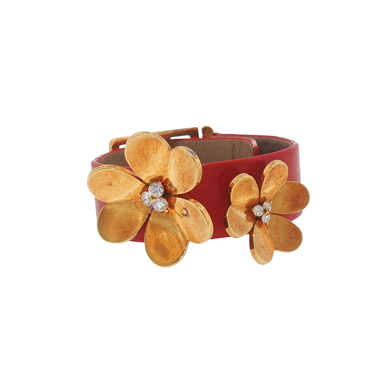 Rare Vintage Van Cleef & Arpels Frivole 18K Gold Diamond Flower Leather Bracelet