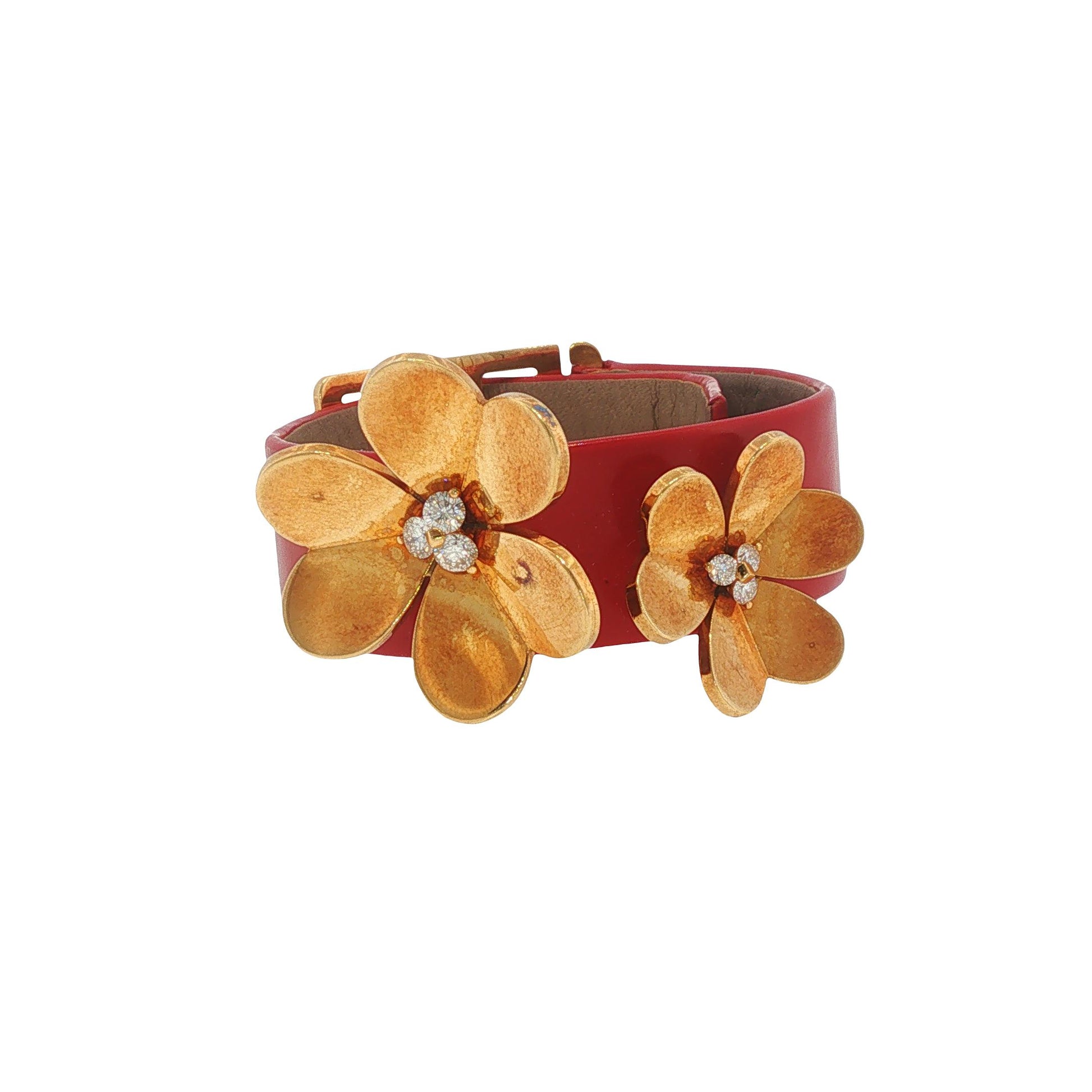 Rare Vintage Van Cleef & Arpels Frivole 18K Gold Diamond Flower Leather Bracelet
