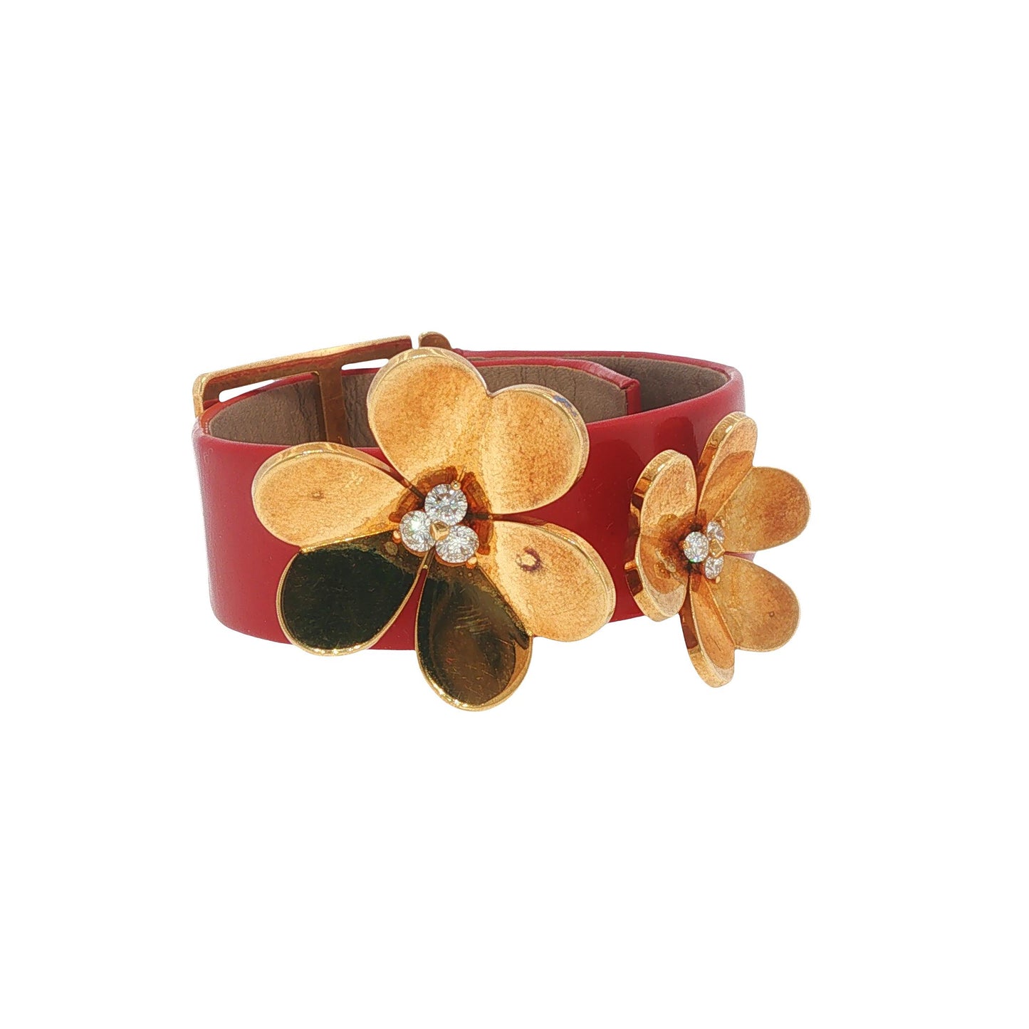 Rare Vintage Van Cleef & Arpels Frivole 18K Gold Diamond Flower Leather Bracelet