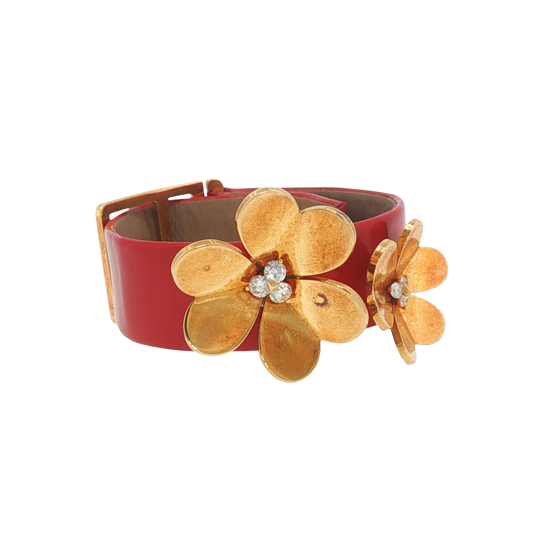 Rare Vintage Van Cleef & Arpels Frivole 18K Gold Diamond Flower Leather Bracelet