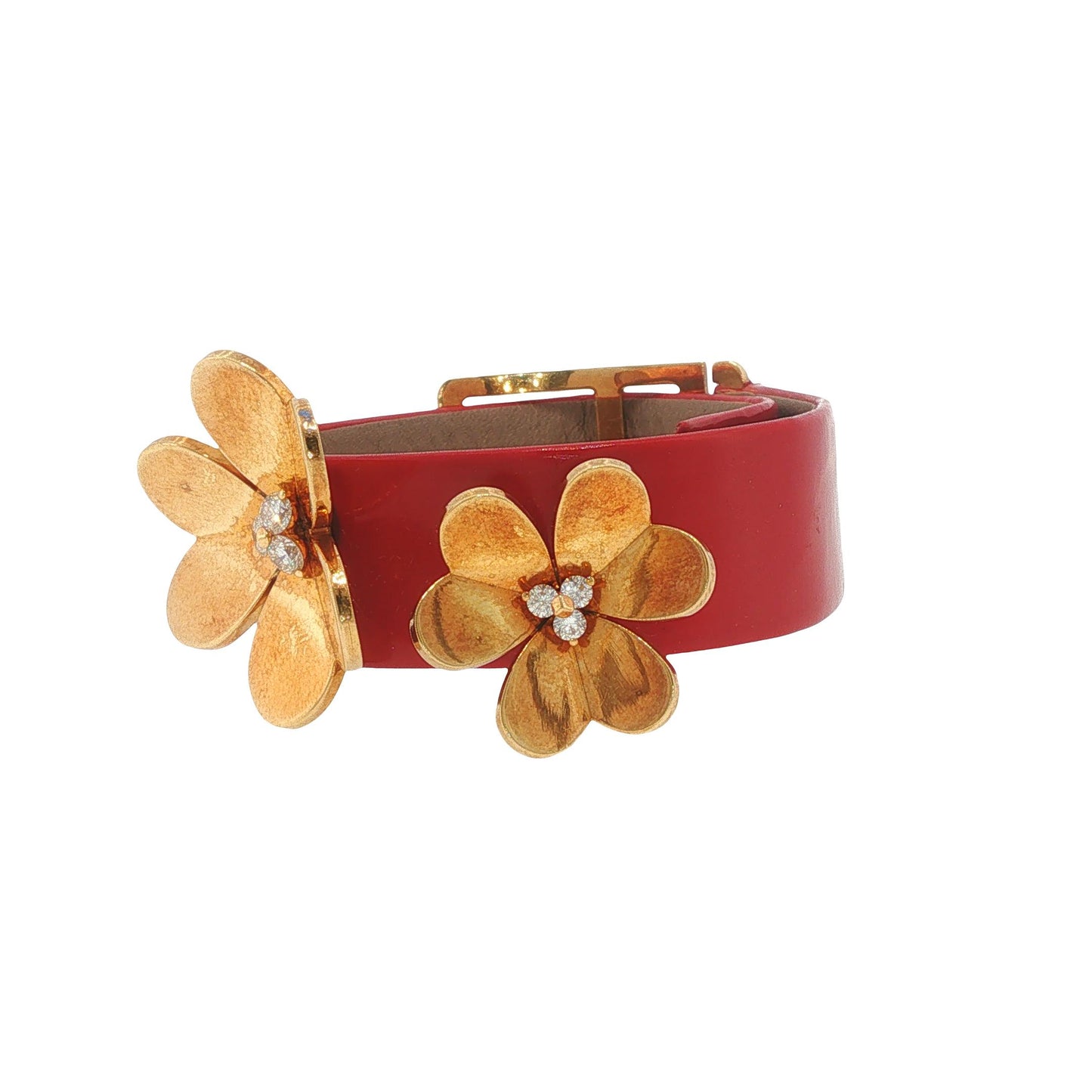 Rare Vintage Van Cleef & Arpels Frivole 18K Gold Diamond Flower Leather Bracelet
