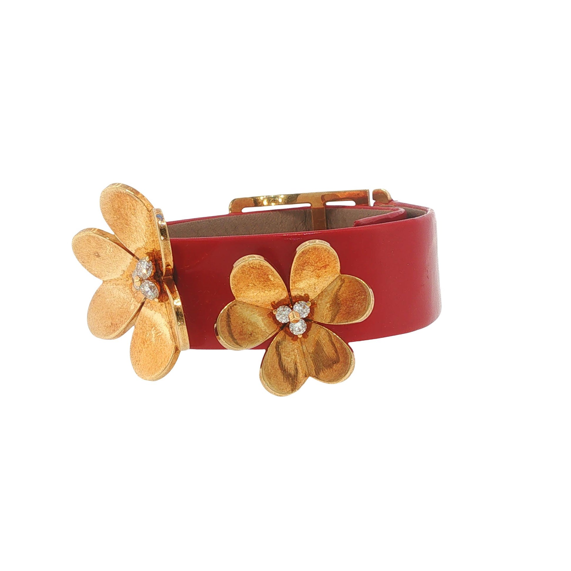Rare Vintage Van Cleef & Arpels Frivole 18K Gold Diamond Flower Leather Bracelet