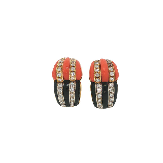 A VINTAGE PAIR OF PARIS FRENCH 18K GOLD CORAL & ONYX DIAMOND CLIP ON EARRINGS