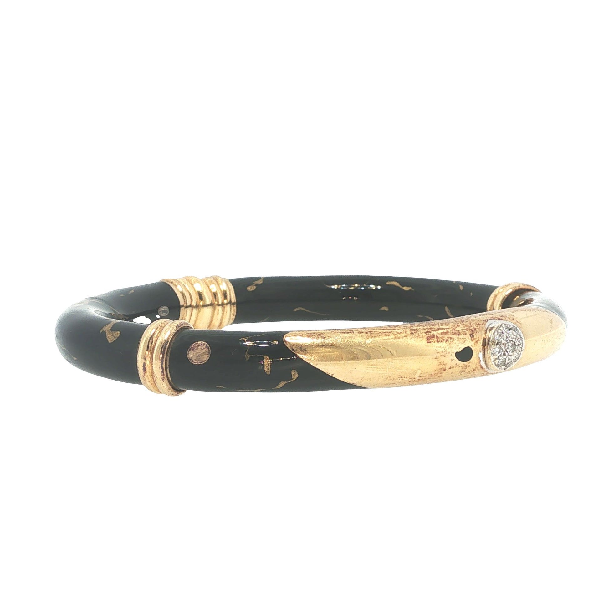 Vintage Fidia 18K Gold, Enamel & Diamond Bangle Bracelet