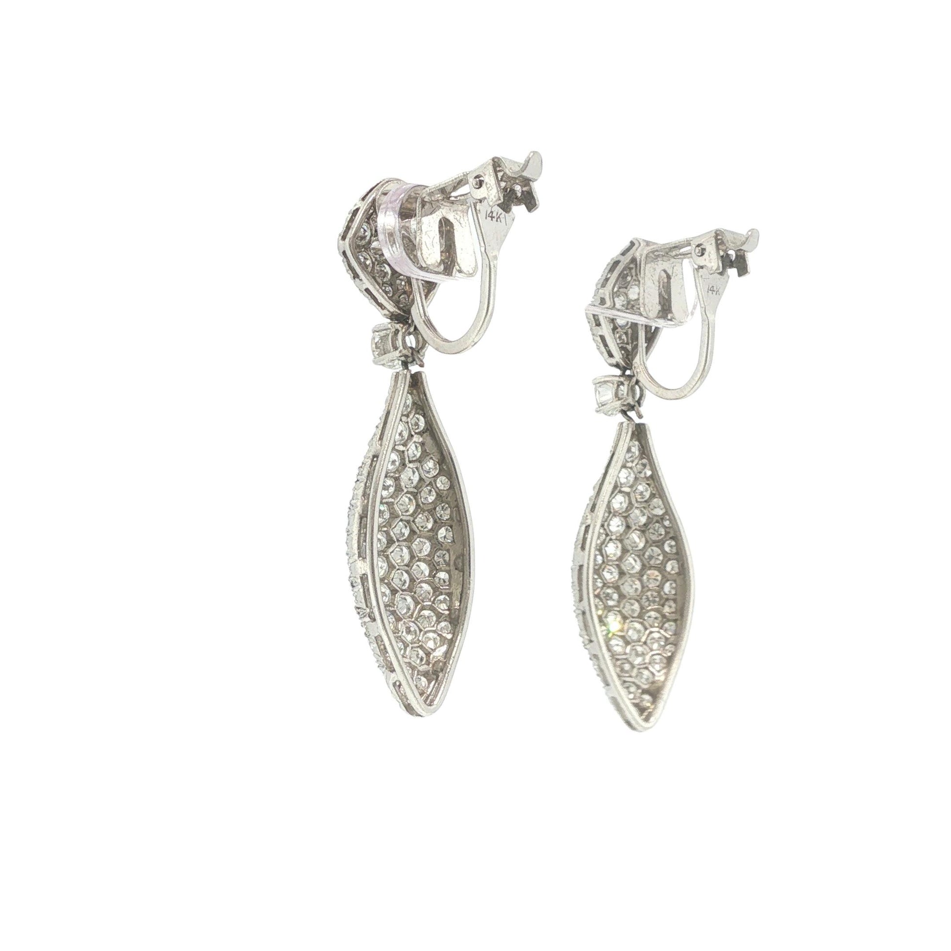 Platinum and Gold Diamond Cluster Drop Earrings