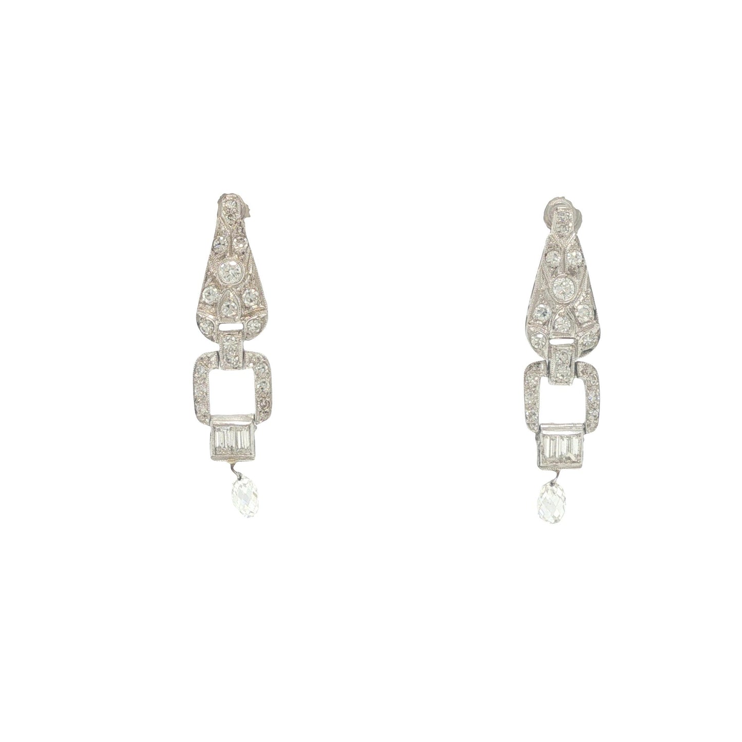 Art Deco Platinum 3.00 Carat Diamond Briolette Drop Earrings