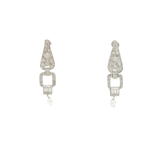 Art Deco Platinum 3.00 Carat Diamond Briolette Drop Earrings