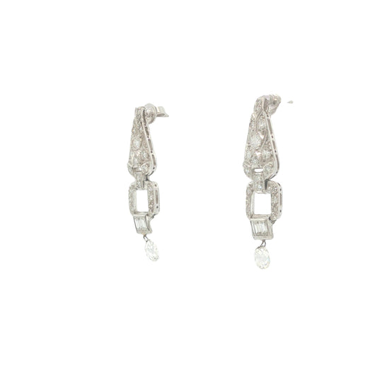 Art Deco Platinum 3.00 Carat Diamond Briolette Drop Earrings