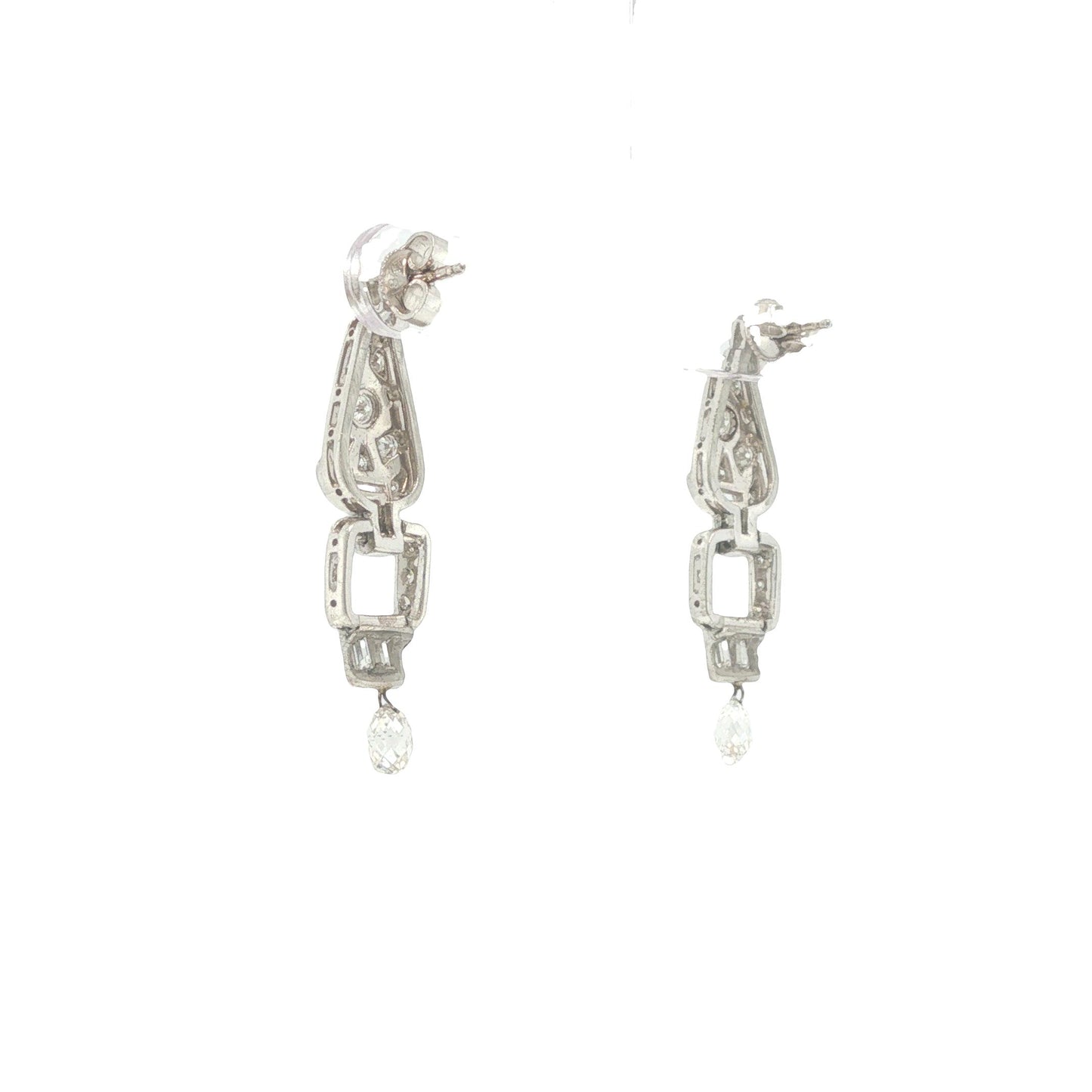 Art Deco Platinum 3.00 Carat Diamond Briolette Drop Earrings
