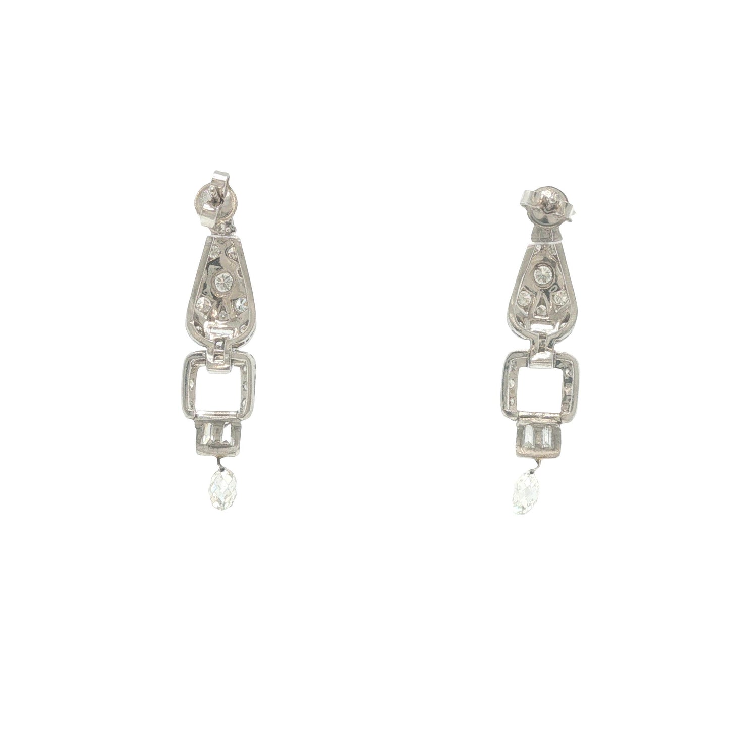 Art Deco Platinum 3.00 Carat Diamond Briolette Drop Earrings