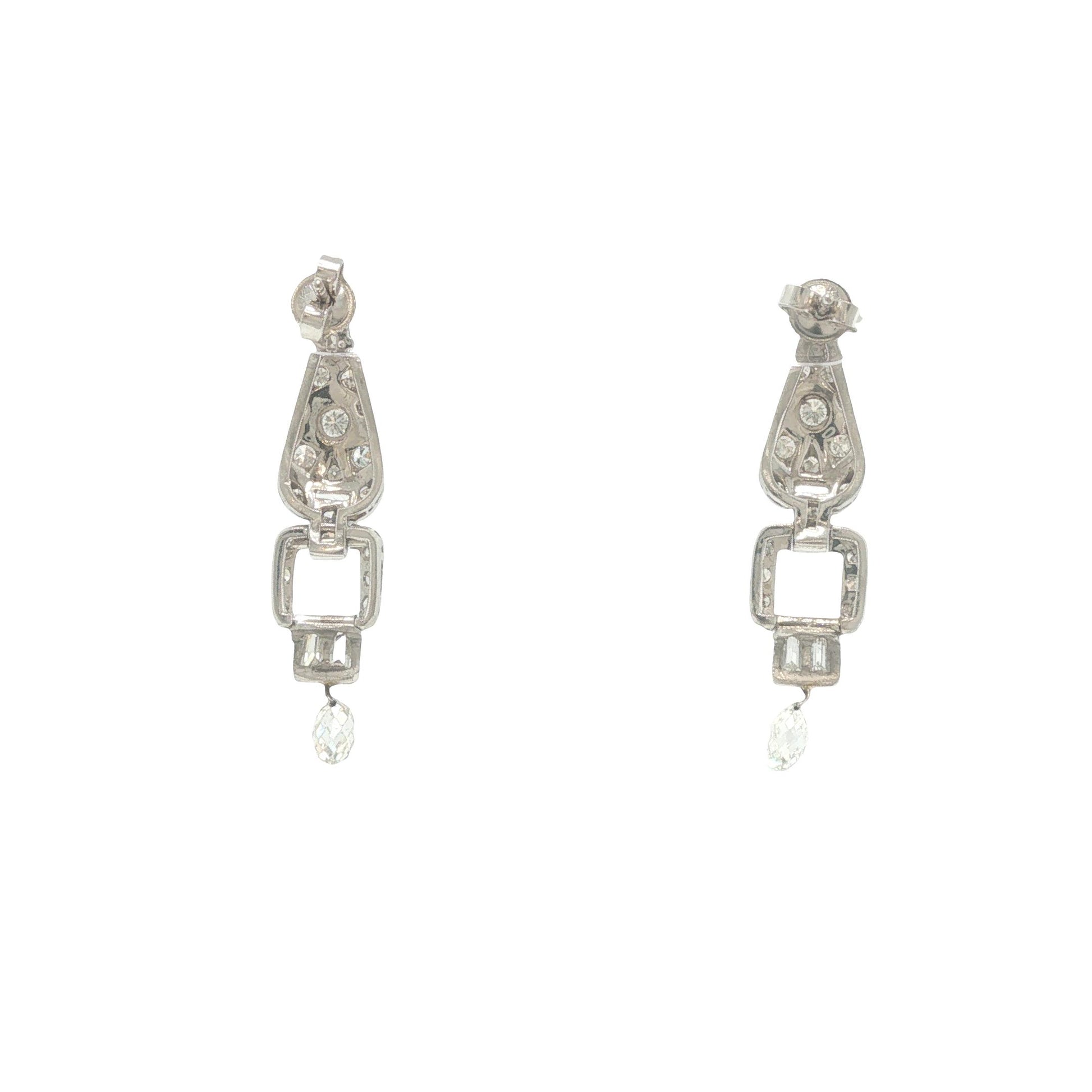 Art Deco Platinum 3.00 Carat Diamond Briolette Drop Earrings
