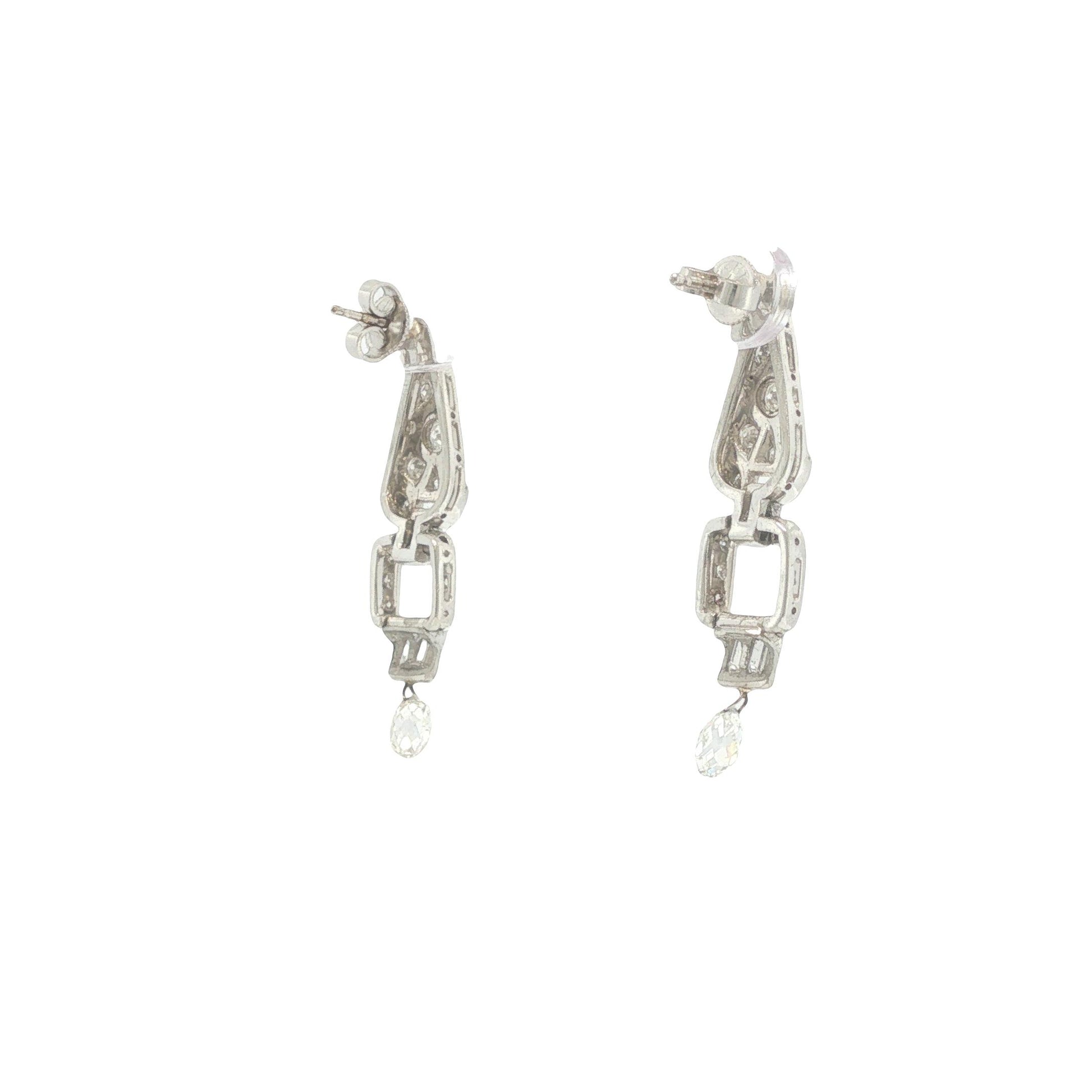 Art Deco Platinum 3.00 Carat Diamond Briolette Drop Earrings