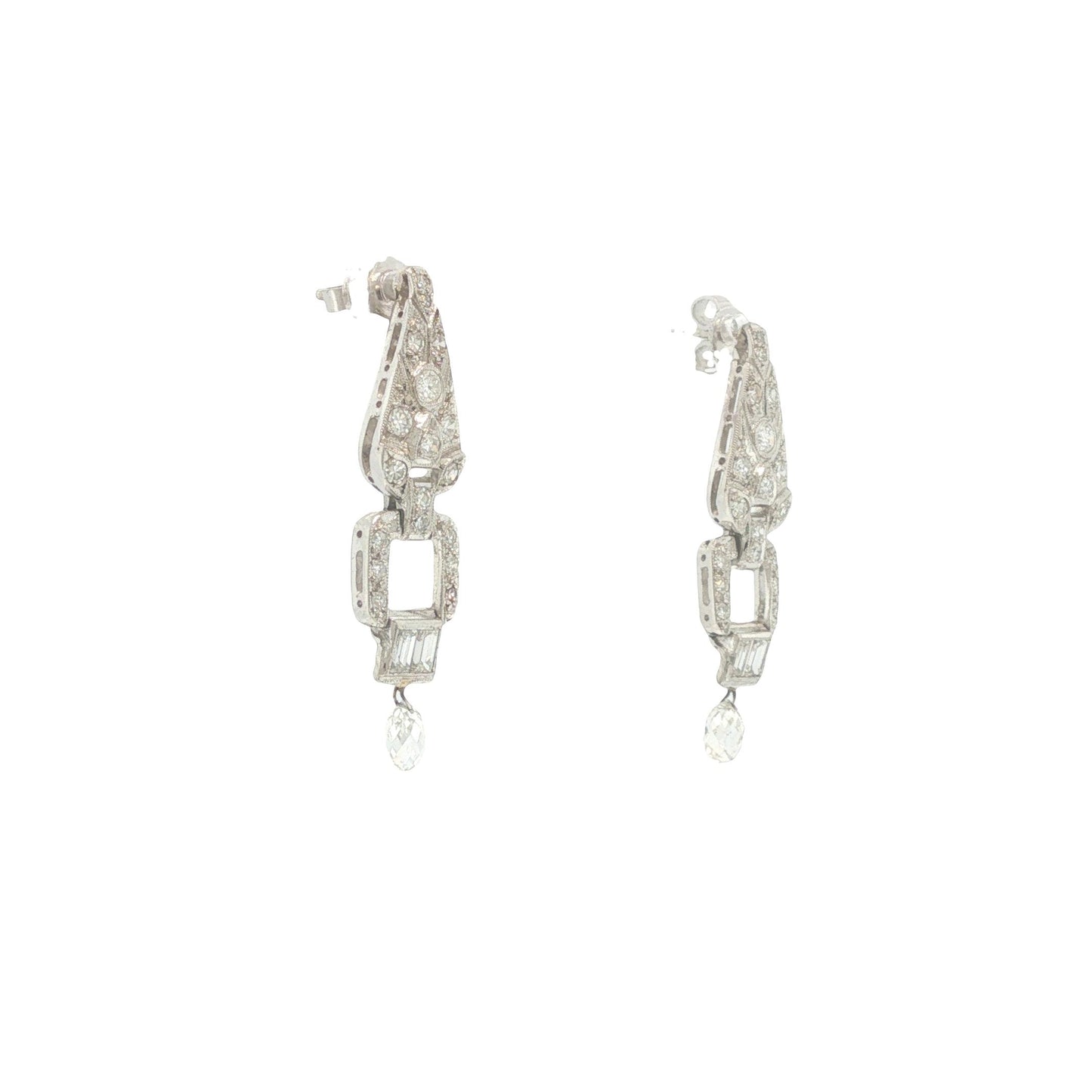 Art Deco Platinum 3.00 Carat Diamond Briolette Drop Earrings