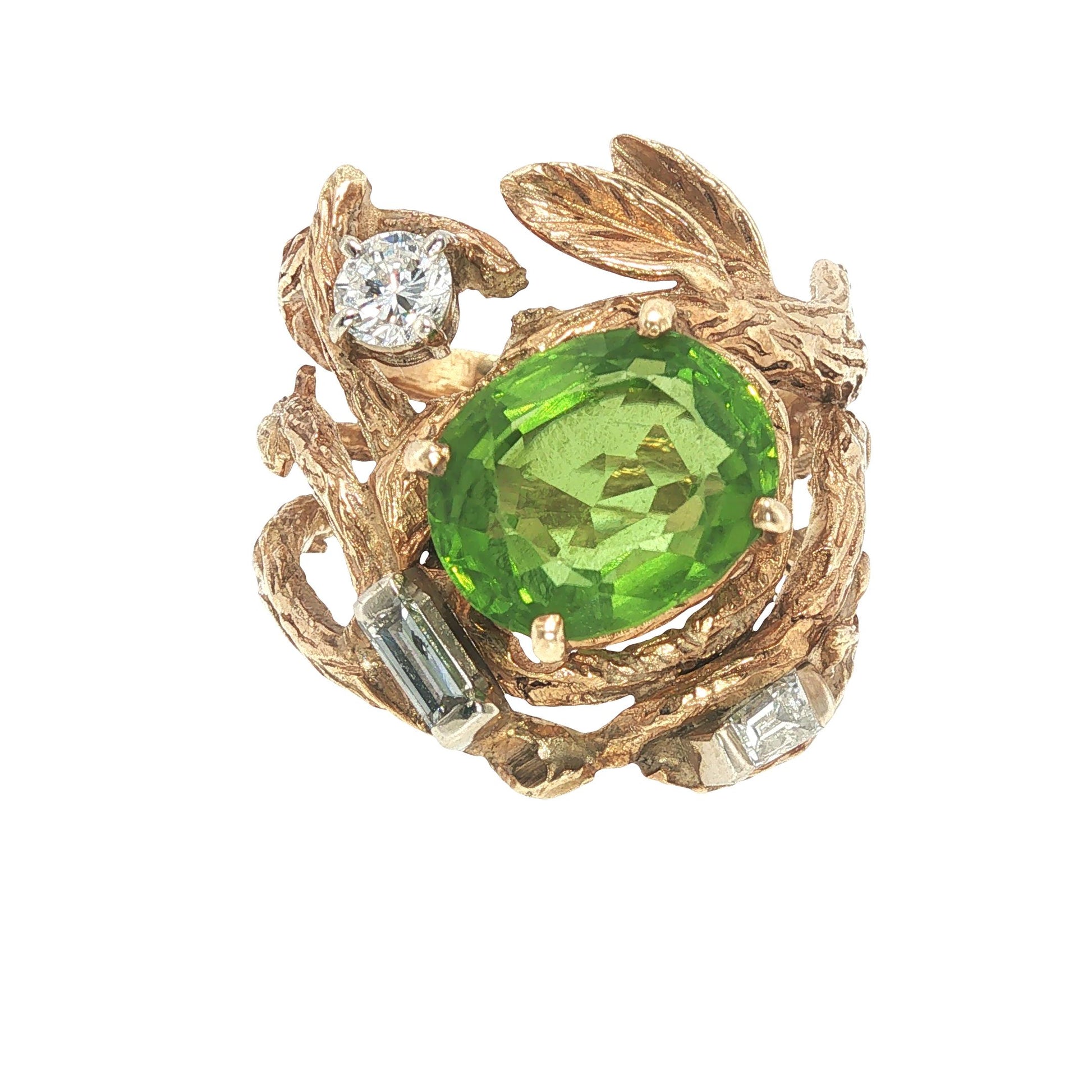 Vintage 14K Gold Peridot & Diamond Sculptural Ring