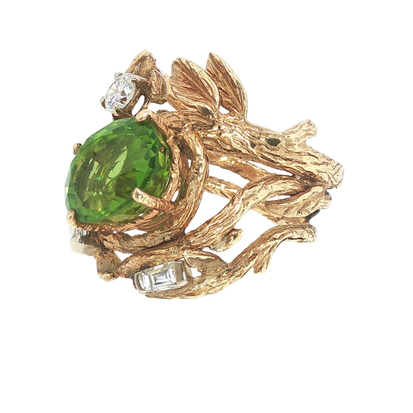 Vintage 14K Gold Peridot & Diamond Sculptural Ring