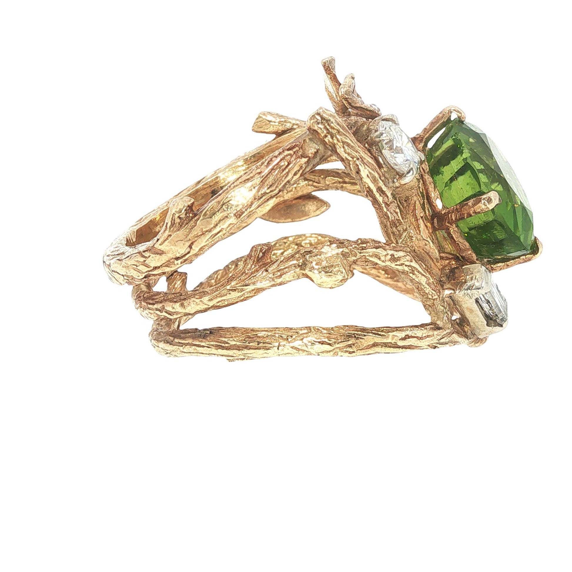 Vintage 14K Gold Peridot & Diamond Sculptural Ring
