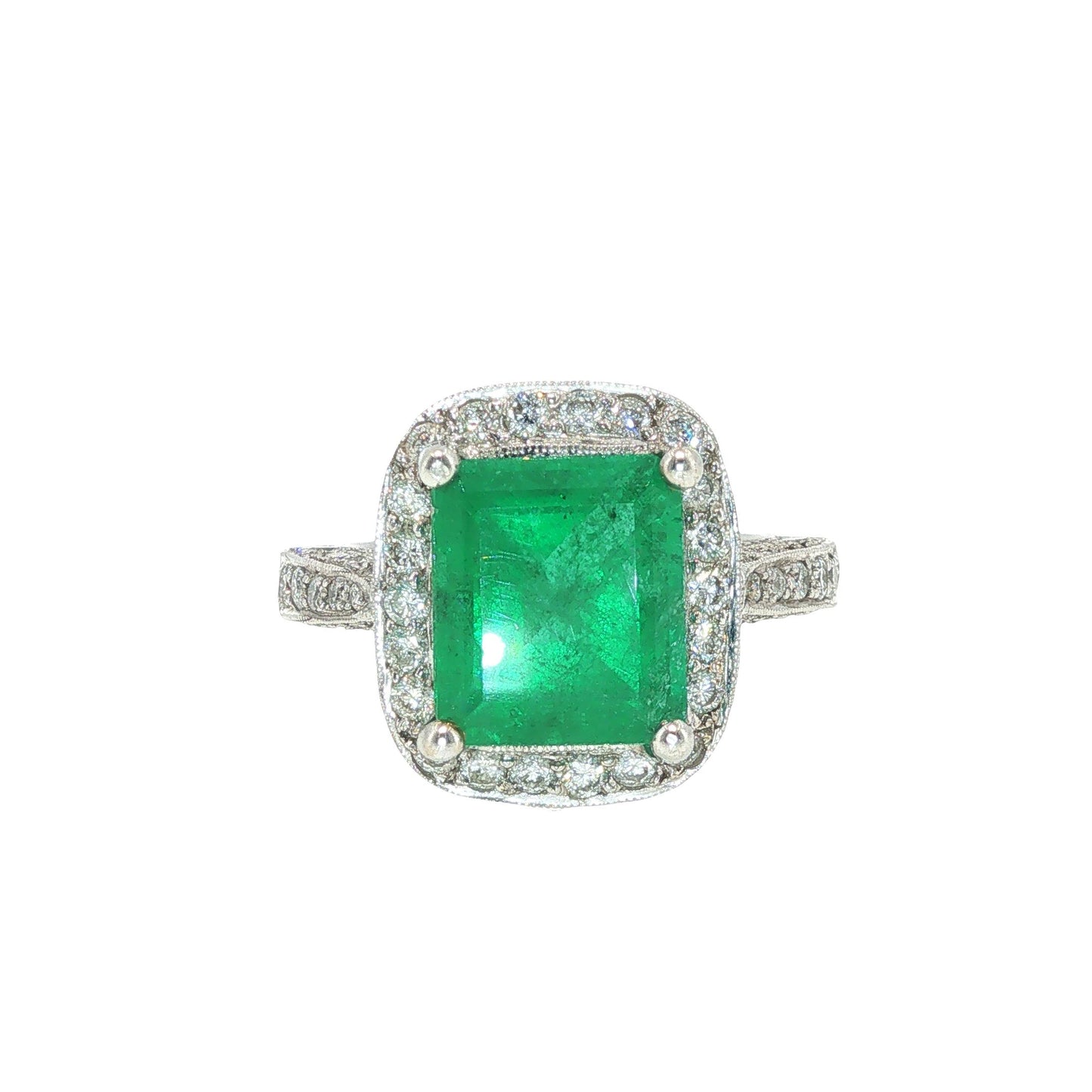 GIA Certified 4.29 Carat Colombian Emerald Diamond 18K White Gold Ring