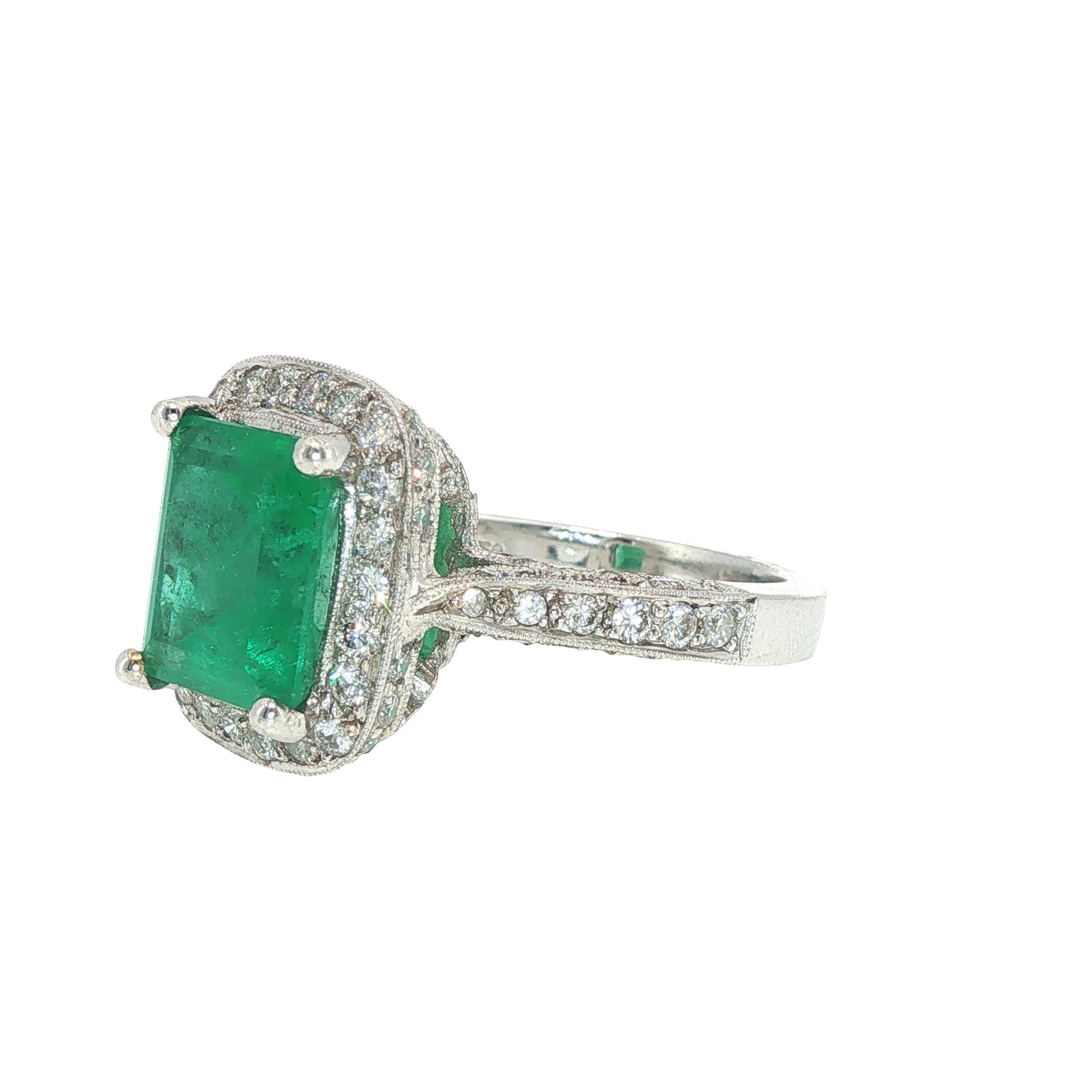GIA Certified 4.29 Carat Colombian Emerald Diamond 18K White Gold Ring