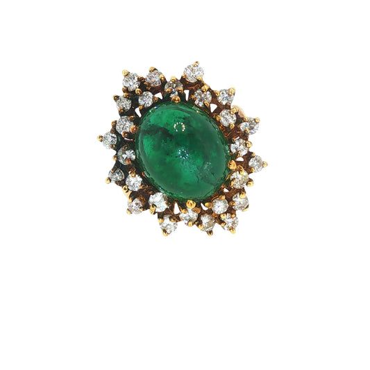 Vintage 18K Gold Emerald Cabochon & Diamond Cocktail Ring
