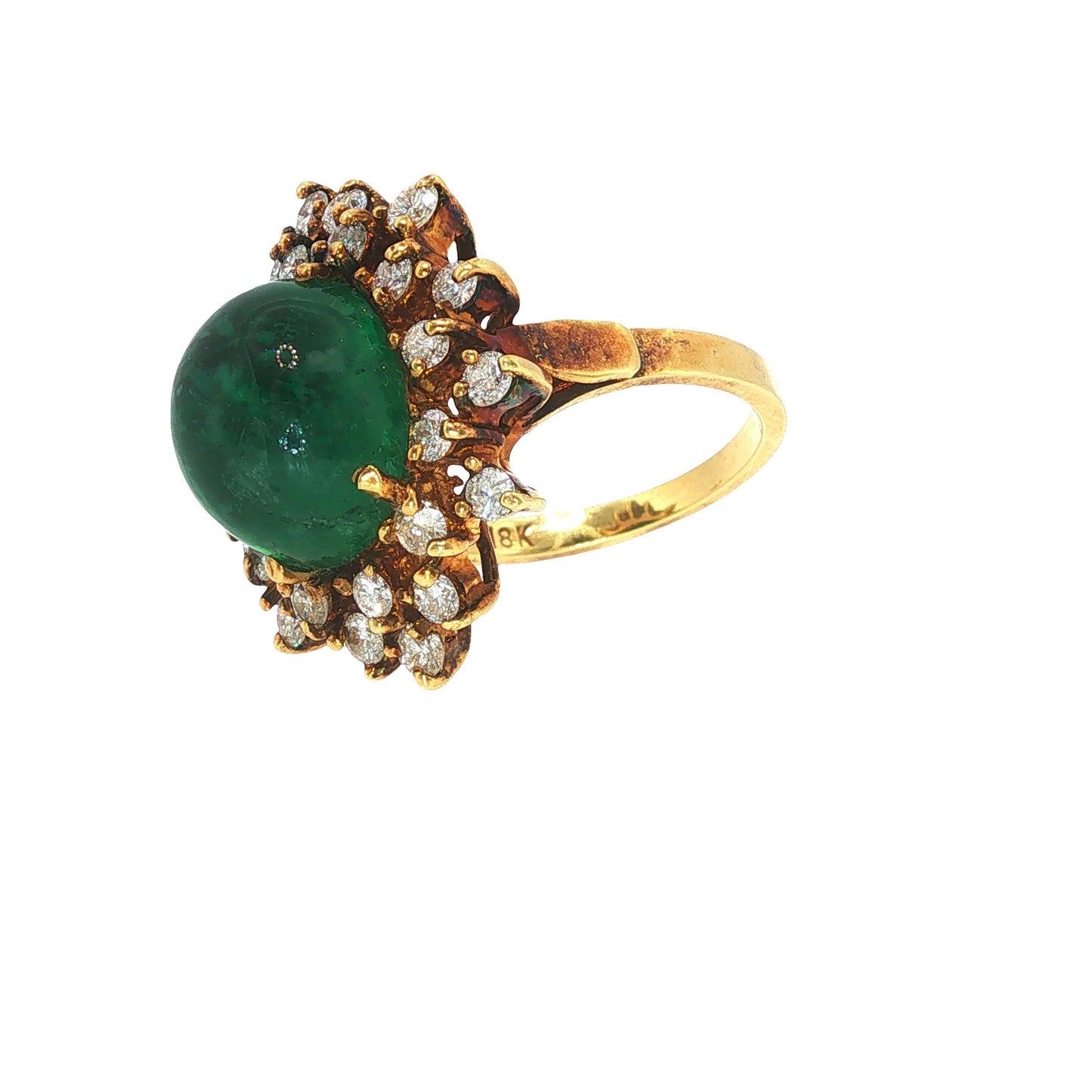 Vintage 18K Gold Emerald Cabochon & Diamond Cocktail Ring