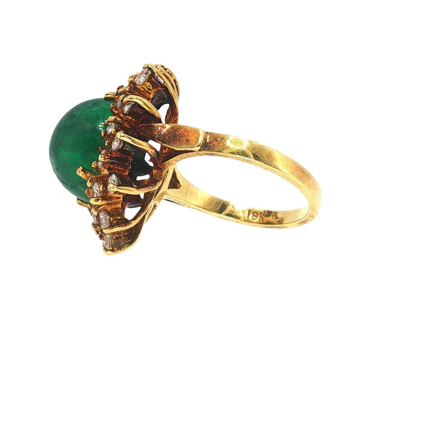 Vintage 18K Gold Emerald Cabochon & Diamond Cocktail Ring