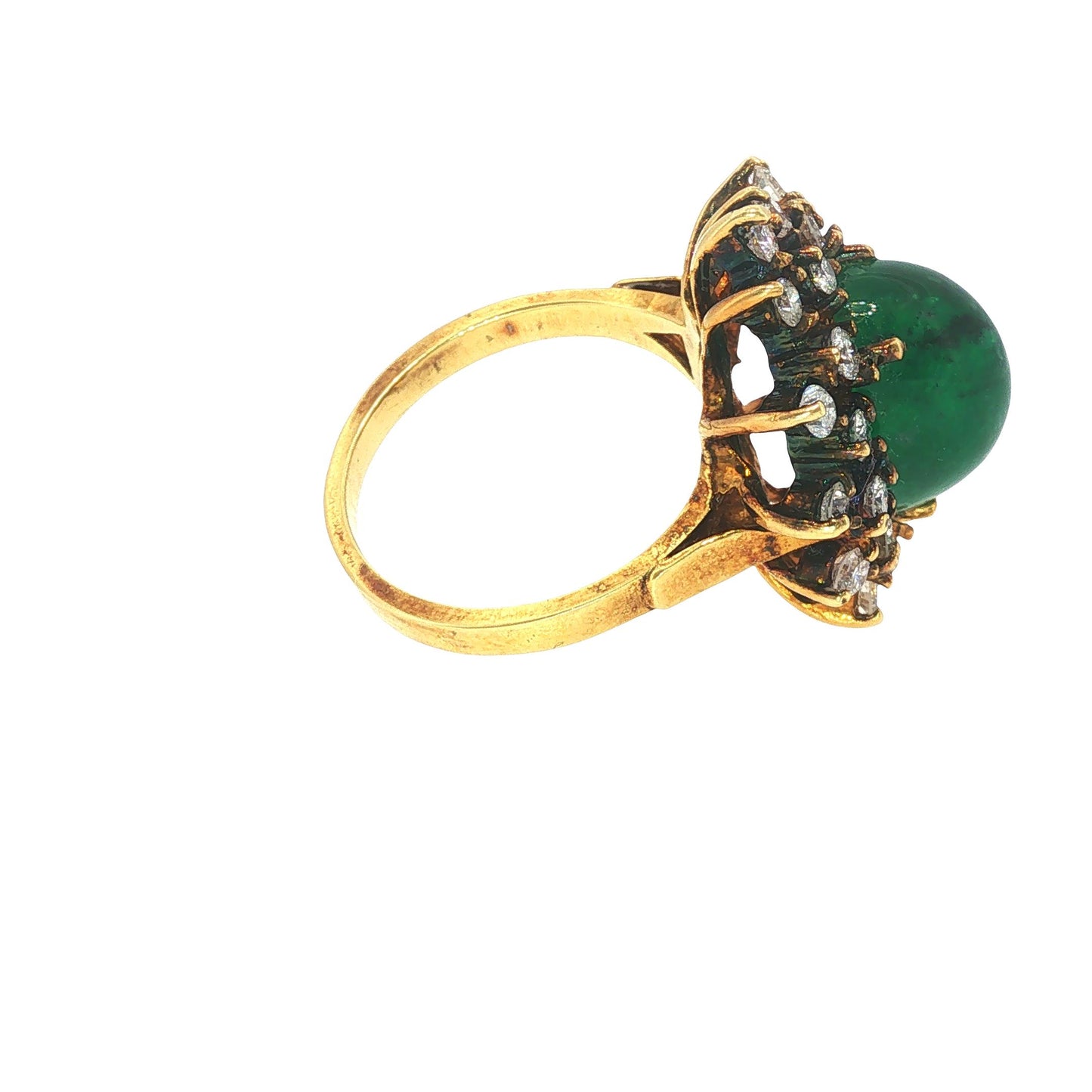 Vintage 18K Gold Emerald Cabochon & Diamond Cocktail Ring