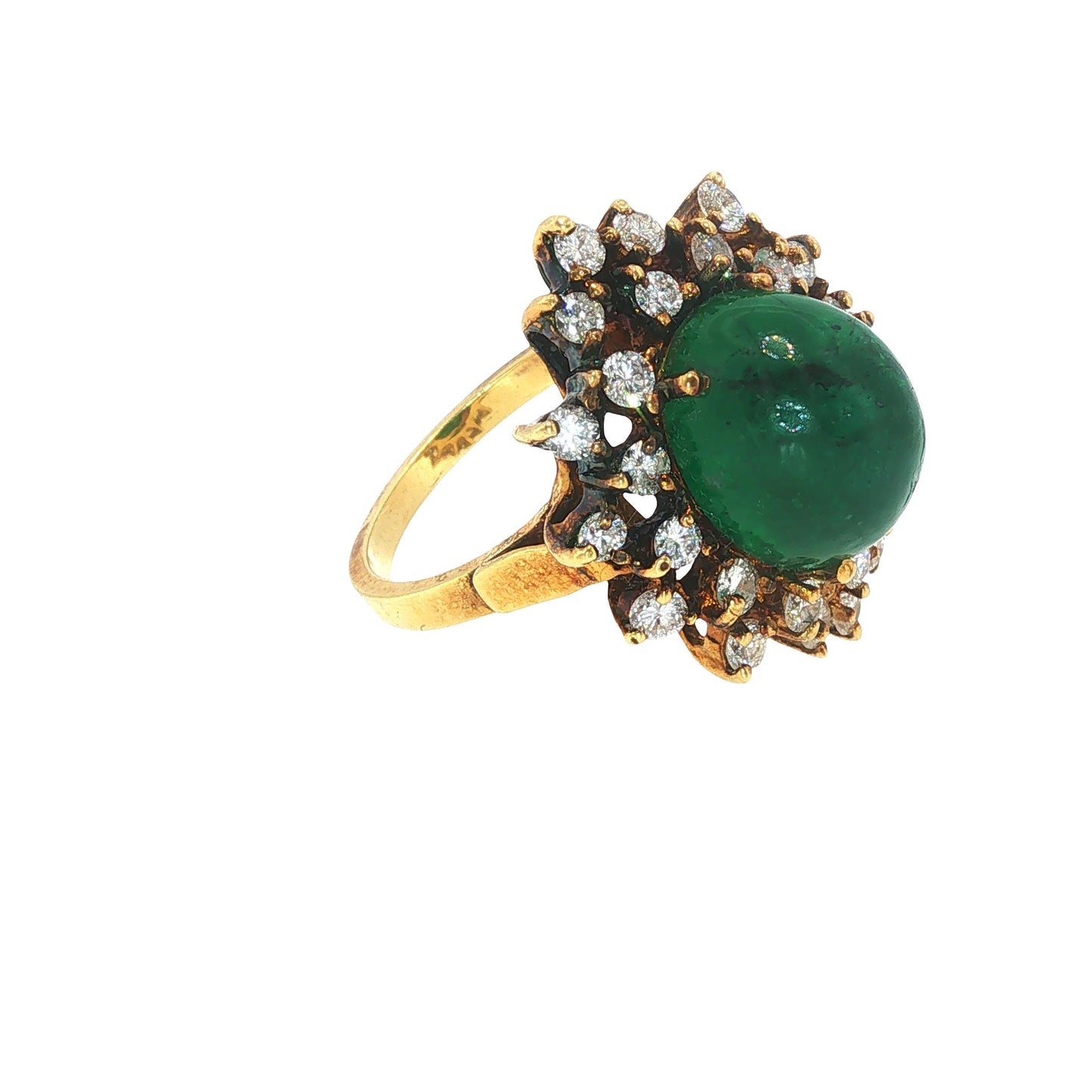 Vintage 18K Gold Emerald Cabochon & Diamond Cocktail Ring