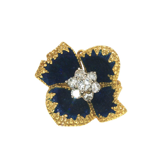Vintage Italian Corletto 18K Gold Blue Enamel Diamond Flower Ring