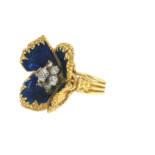 Vintage Italian Corletto 18K Gold Blue Enamel Diamond Flower Ring