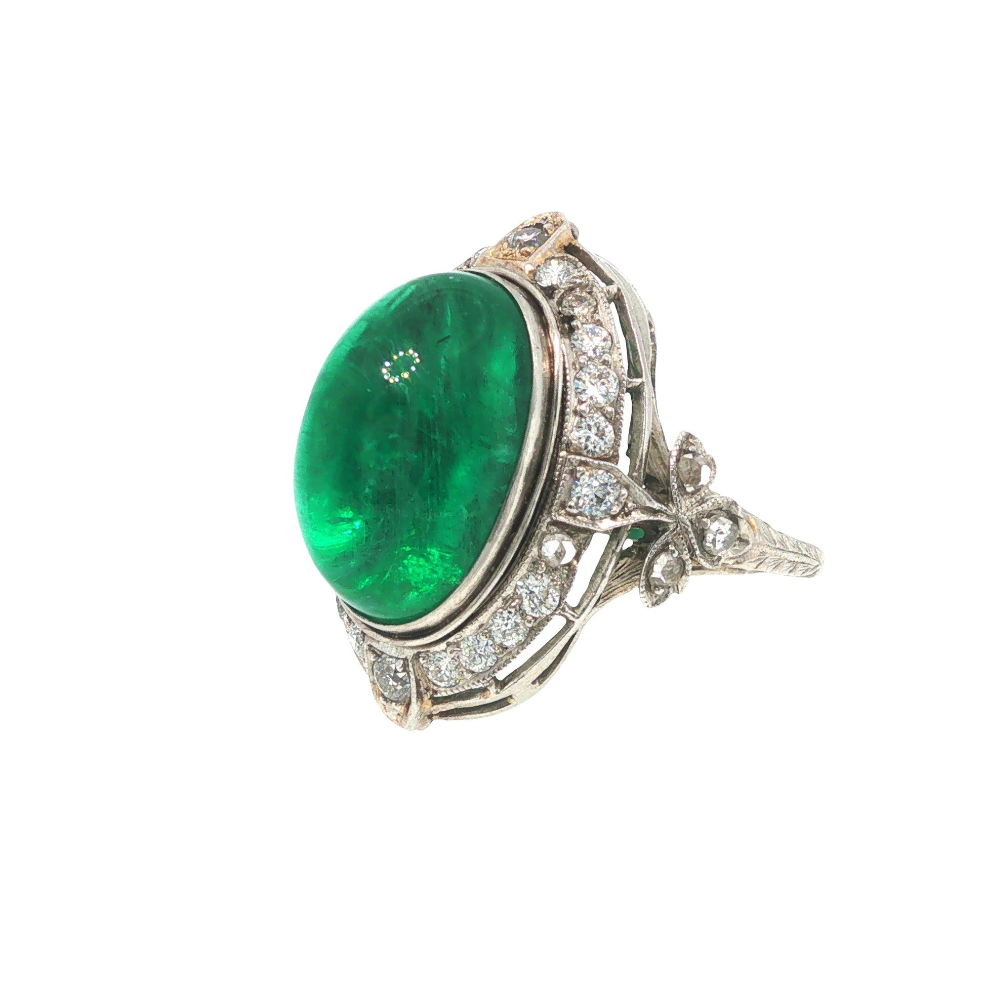 Mid-Century GIA Certified Emerald Cabochon Platinum Ring