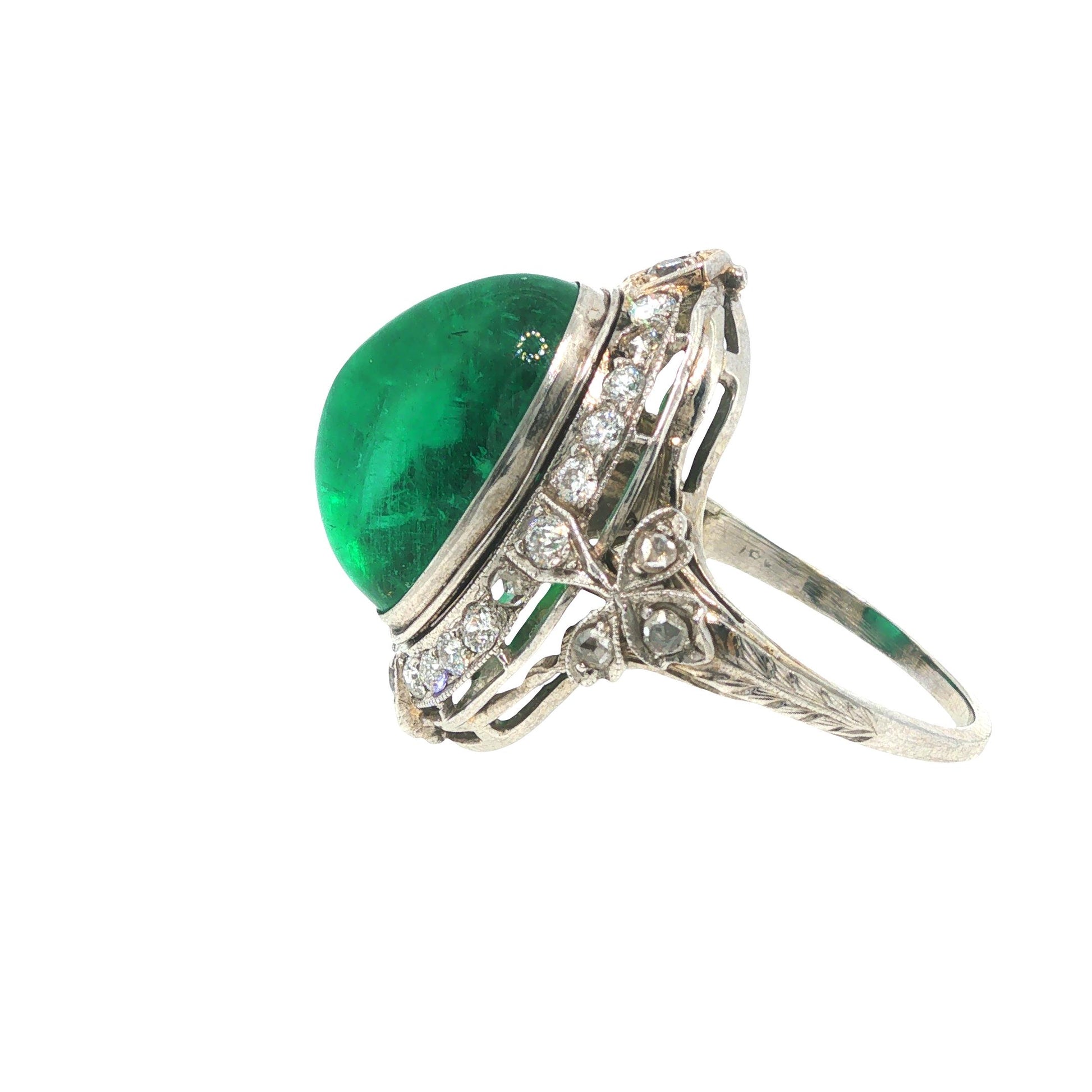 Mid-Century GIA Certified Emerald Cabochon Platinum Ring
