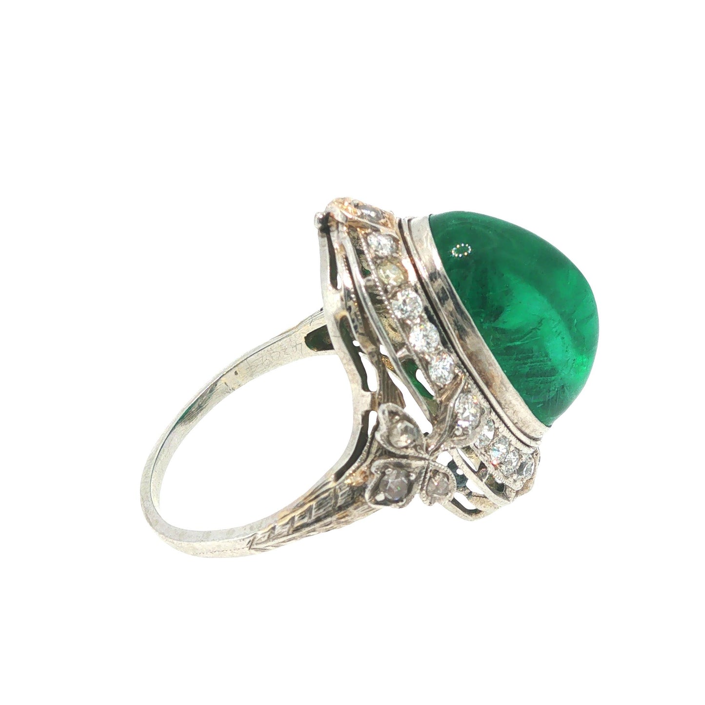 Mid-Century GIA Certified Emerald Cabochon Platinum Ring